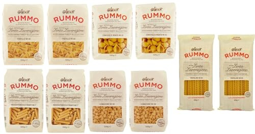 10er-Pack Testpaket Rummo Pasta Maccheroncelli - Farfalle - Conchiglie Rigate - Lumachine - Tripoline ,Italienische Nudeln aus Hartweizengrieß,Italienische Pasta 500g