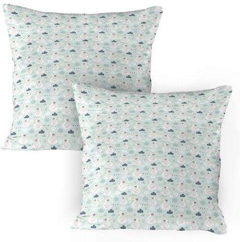 ABAKUHAUS Swans Kissenbezug Packung mit 2, Repetitive Pastelltöne Nette Doodle Einhorn-Wassertier, Dekorativer Standard Gedruckter Kissenbezug, 80 x 80 cm, Hellrosa Blass Seafoam