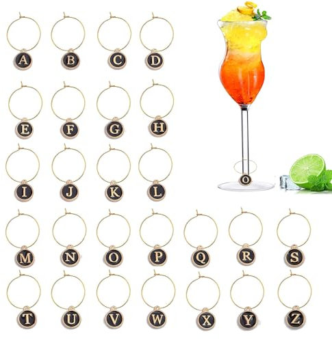 MOSNLEILA 26 Pieces Wine Glass Charms Wine Charms for Stem Glasses Wine Glass Markers Wine Glass Identifier Charms Drink Markers Wine Glass Tags for Christmas Wine Party Decorations (Metal Letters)