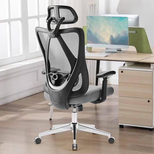 Sweetcrispy Ergonomic Office Desk Chair High Back Comfy Computer Gaming Mesh with Wide Cushion, Adjustable Lumbar Support and Headrest, 360° Swivel with 2D Armrest and 135° Tilt, Grey