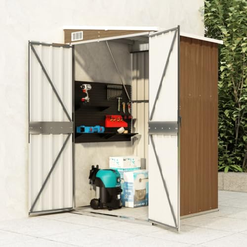 Hommdiy Geräteschuppen Gartenhaus mit Schiebetür,Schwingtür,Metallgeräteschuppen mit Satteldach,geräumiger Gartengeräteschuppen, Gartengeräteschrank,verzinkter Stahl,Braun,118x100x178cm