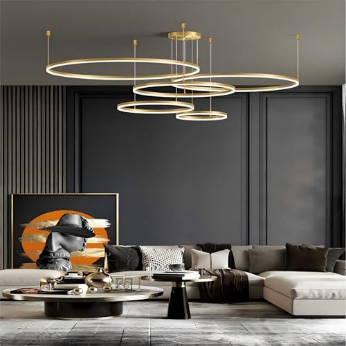 WayLuoung Metall LED Kronleuchter | 5 Kreise 20+40+60+80+100cm | 130W Rings Deckenhängelampe, Dimmbare Fernbedienung 3000–6000K, Acryl Schirm Pendelleuchte, Wohnzimmer Schlafzimmer Esszimmer【Gold】