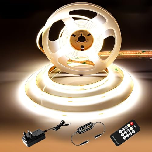 luktix COB LED Strip 5M,4000K Natural White LED Strips, 24V Dimmable LED Strip Lights, CRI92+,8mm Width, with Remote Control and UKCA Power Supply,for Home Decoration, Kitchen, Mirror