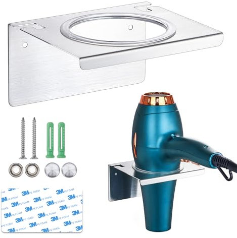 YYBO Hair Dryer Holder, Hairdryer Holder Wall Mounted, Stainless Steel Hairdryer Holder Station, Adhesive Hair Dryer Stand Storage, Hair Tool Organiser Hair Dryer Holders for Dressing Table Bathroom