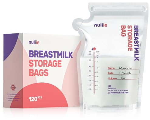 Nuliie 80 Uds Bolsas Almacenamiento de Leche Pre-esterilizadas, 250ml Bolsa Para Leche Materna con Boquilla Dispensadora, Libre de BPA, Bolsa Auto-Portante, Ahorro de Espacio