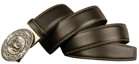AGUTALITHIC Herren Gürtel, Schwarzer Ledergürtel Kürzbar Mit 3D Schaf Und Ziegenkopf Ratsche Automatikschließe Für Unisex Jeans Anzug Belt 35mm Breit(125cm/49, Silver)