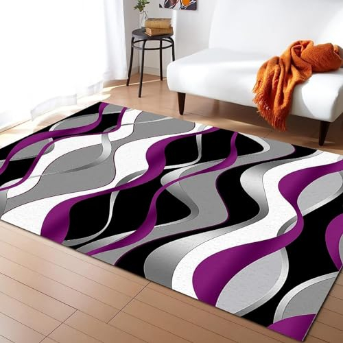 3D Schlafzimmer Teppich, Lila Schwarz Graue Wellenstreifen Gedruckt Teppich Matte, Weiche Bequeme rutschfeste Rechteck Teppich Für Esszimmer Wohnzimmer Home Decor, 160 X 230 cm -6W2V9L2