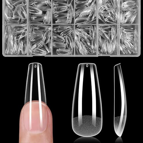 Heercun 504pcs Capsule Americaine Ongle Ballerine Faux Ongles Cercueil, 12 Tailles, Transparent Couverture Complète Capsules Americaine Ongles Gel Pour le studio d'ongles à domicile et le Nail Art Diy