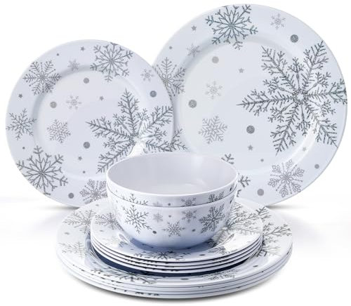 Ziliny 12 Pcs Christmas Snowflake Melamine Dinnerware Set Plates and Bowls Set Include 11 Dinner Plates 8 Plates 6 Soup Bowl,service for 4 for Christmas Winter Party Supplies