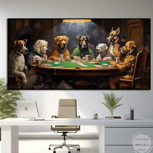 Funnyb Abstrakte Hunde, die am Tisch Poker spielen, Pokerclub, Casino, Kunst, Leinwandgemälde, Wanddrucke, Bild, Zimmer, Heimdekoration, 50 x 110 cm, ungerahmt