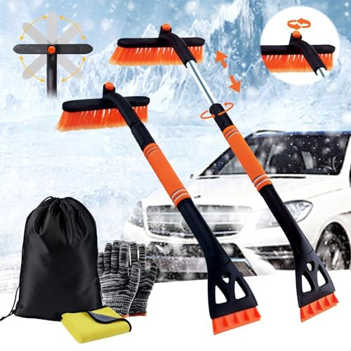 Eiskratzer Auto mit Besen,Auto Eiskratzer,Eiskratzer Teleskop mit Besen,Eiskratzer Auto mit handschuh,Schneebesen Auto Teleskop,360° eiskratzer Für Auto LKW SUV PKW Windschutzscheibe(Orange)