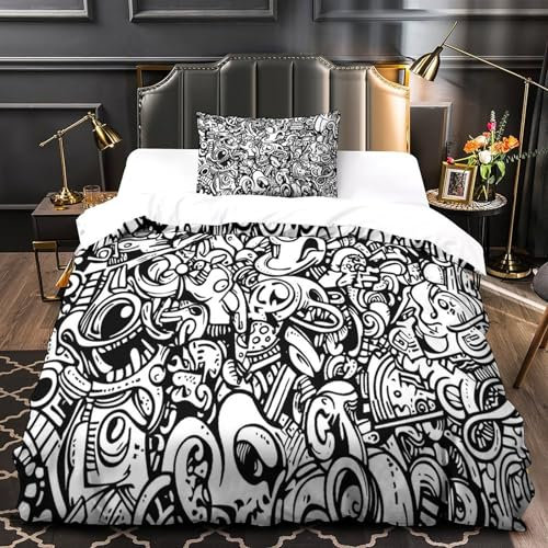 NQHXLRUDC Graffiti 3D Drucken Bettwäsche Set Durcheinander und frei Bettwäsche Microfaser Kissenbezug 2teilig Mit Reißverschluss Für Teens Single(135x200cm)