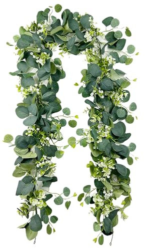 OSQI 2 Stück Eukalyptus Girlande Grün, Künstliche Girlande Pflanze 1,8m Hängend Grüne Blätter Deko mit Weiße Blumen Silberdollar Eukalyptusranke für Hintergrund Hochzeit Blumengirlande (2)