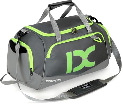 INOXTO Große Sporttasche, Faltbare Sport-Reisetasche mit Nass- und Trockentaschen und Schuhfach, Herren und Damen, Wochenend-Übernachtungs-Camping-Reisetasche (Grau mit fluoreszierendem Grün)