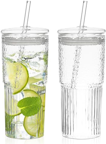 PORFOYO Tazze Di Vetro Con Coperchi E Cannucce,2 Pezzi 600ml Barattolo Di Vetro Con Coperchio E Cannuccia,Bicchiere Vetro Con Cannuccia,Bicchieri Lattina Con Coperchi Per Birra,Soda Cocktail