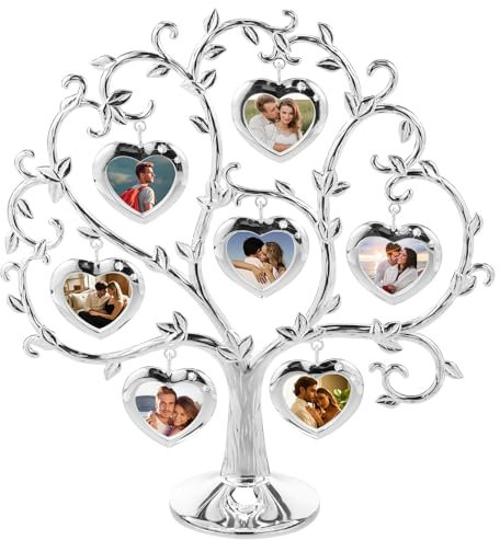 LuLobtg Family Tree Photo Frame with Hanging Picture Frames Metal Tree Shape Photo Display Free Standing Home Decoration for Wedding Baby Shower(silver)