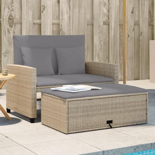 IKAYAA Rattan Lounge 2 Sitzer, Gartensofa mit Hocker, Beige und Grau