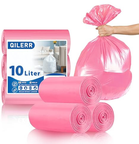 QILERR Small Bin Bags 10L Extra Thick Bathroom Bin Liners 69 Count Pink Unscented Plastic Mini Waste Bag for Toilet, Office, Bedroom