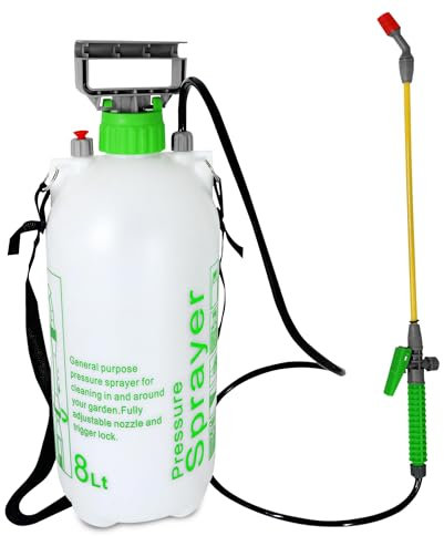 TIENDA EURASIA – Pulverizador Agua | con Tolva, Tubo de Fibra, Manguera y Maneta de Presión | 8 litros | Color Blanco y Verde | Polietileno de Alta Densidad (HDPE) | 18x54 cm | Correa Ajustable
