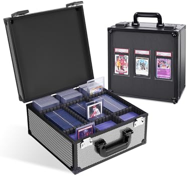banloga Graded Card Storage Box for PSA with TSA Lock, Aluminum Alloy Trading Card Case with Display Window, Slab Case with 8 Dividers for CGS, BGS, Toploader and Sports Cards (Carbon Fiber)