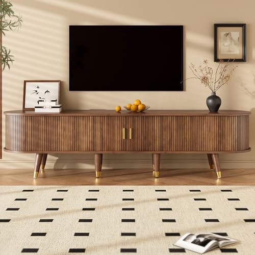 Merax Meuble TV 175 x 38 x 45 cm, style maison de campagne avec porte coulissante en rotin aspect noyer, beaucoup d'espace de rangement, compartiments ouverts, tiroirs et armoire, détails dorés