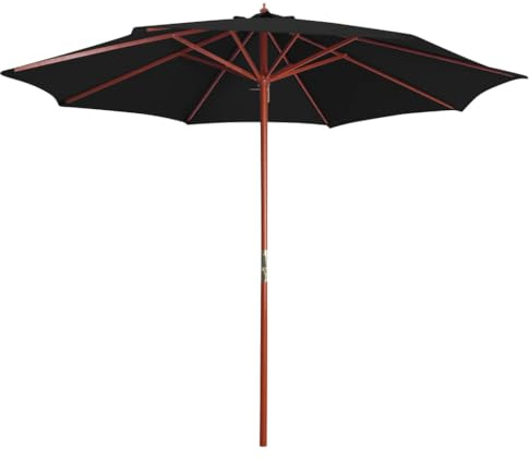 Qnhdfrt Parasol bleu de 300 cm avec mât en bois, protection UV, mécanisme à manivelle pour terrasse, jardin et plage, Noir , 300 cm