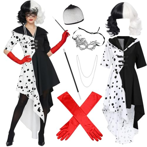 7 Stück Kostüm Damen, Schwarze und Weiße Halloween Karneval Kostüm Damen | Perücke Kleid Maske Perlenketten Handschuhe Stab Haarnetz, Kostüm Damen Verkleidung für Fasching, Mottoparty, World Book Day