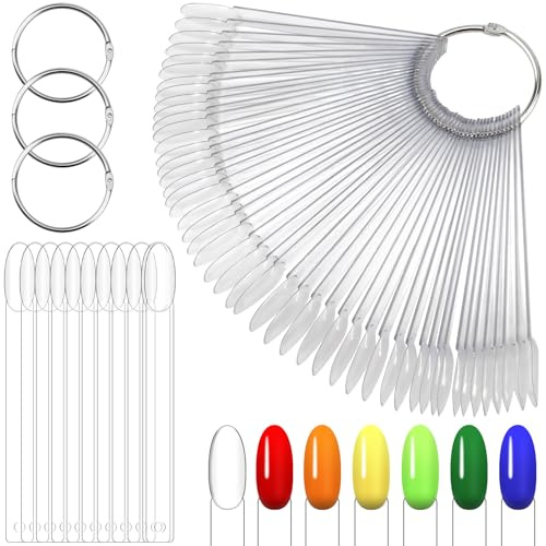 Lunhoo 200 Pcs Nail Swatches Sticks, Nail Colour Display and Practice Tips, Clear Plastic, Round Shape with 4 Metal Rings