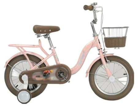 laufrad Fahrrad for Kinder 12-18 Zoll Kinderfahrrad mit Stützrädern und Rücksitz Kinderfahrräder mit Bremse Kinderfahrrad mit Korb autoscooter(Rose,14in)