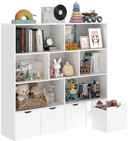 1 Stück Kinderzimmerregal Bücherregal Kinder Weiß mit 4 Roll-Bücherkiste | 4 Roll-Bücherkiste&7 Staufächer Kinderregal Aufbewahrung Bücherschrank für Kinderzimmer Organizer Möbel125x33x118CM(BxTxH)