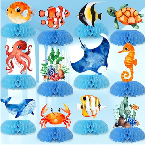 Bubaxuce 12 Stück Ozean Meeres Tiere Waben Tischdekorationen Ozean Thema Geburtstag Feierdekorationen Tropische Strand Thema Partydekorationen Fisch Krebs Schildkröte