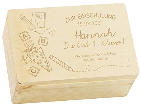 LAUBLUST Holzkiste mit Gravur - Personalisiert mit Datum | Name | WIDMUNG - Naturbelassen, Größe M - Schultüte Motiv - Geschenkkiste zur Einschulung - FSC®