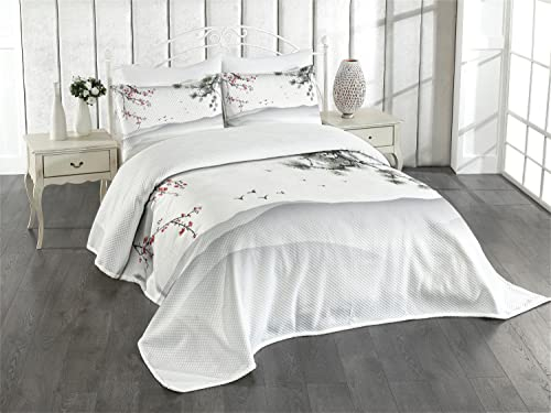 ABAKUHAUS Blumen Tagesdecke Set, Chinesisch-Art-Grafik, Set mit Kissenbezügen Waschbar, für Doppelbetten 220 x 220 cm, Schwarz Grün
