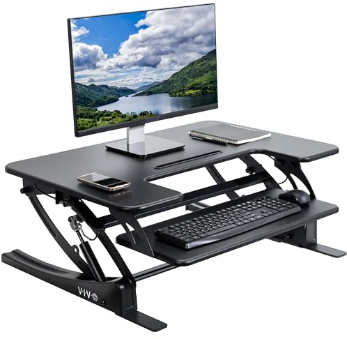 VIVO Black Height Adjustable 81 cm Stand Up Desk Converter, Quick Sit to Stand Tabletop Dual Monitor Riser Workstation, DESK-V000VS