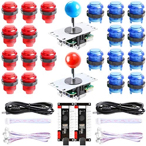 Hikig 2 Giochi LED Arcade Game DIY Kit 2x Encoder USB LED ritardato zero, 2x Joystick, 20x Pulsanti LED Arcade Per MAME, PC, Raspberry Pi, Windows - Colore: Rosso-Blu