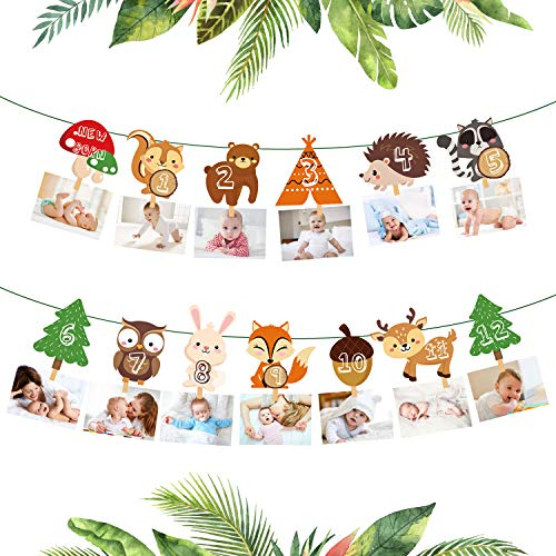 PHOGARY 1. Geburtstag Girlande Baby Foto Banner Deko für Neugeborene bis 12 Monate (Woodland Animal Theme), monatliche Meilenstein Foto Bunting Garland, Boy Girl ersten Geburtstag Feier