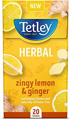 Tetley Zingy Lemon & Ginger Herbal Tea Bags - Box of 20 - Zesty & Earthy, Naturally Caffeine-Free, Perfectly Balanced