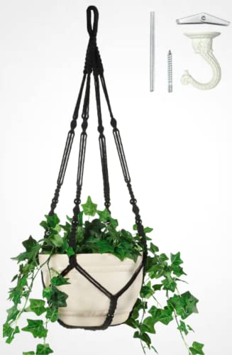 Shineloha 43 Inches Macrame Plant Hanger Large for up to 12 inch Pot (Extra Long & Big) + Swag Hook | No Tassel, Cotton Rope Hanging Plant Holder with Swag Hook, NO Plant/Pot Included (Black) (XL)