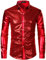 LucMatton Men's Shiny Metallic Sequin 70s Disco Long Sleeve Button Down Shirts for Halloween Cosplay Club Rock Hip Hop Party Red Large