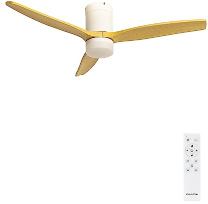 CREATE / WINDCALM PATIO/Ventilador de techo para exteriores con luz madera natural con mando/Silencioso, motor DC, 6 velocidades, temporizador de 1 a 4h, 3 temperaturas de luz, 40W, Ø132 cm