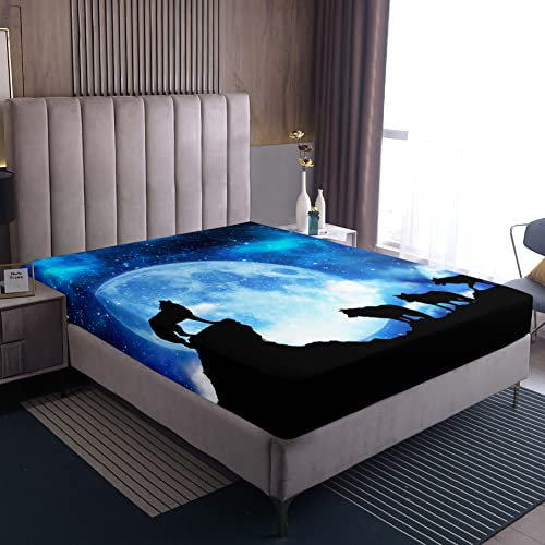3D Wolf Spannbetttuch 140x200cm Der Mond Tier Galaxie Sterne Blau Bettlaken Kinder Jungen Mädchen Mikrofaser Spannbettlaken für Schlafzimmer Dekor