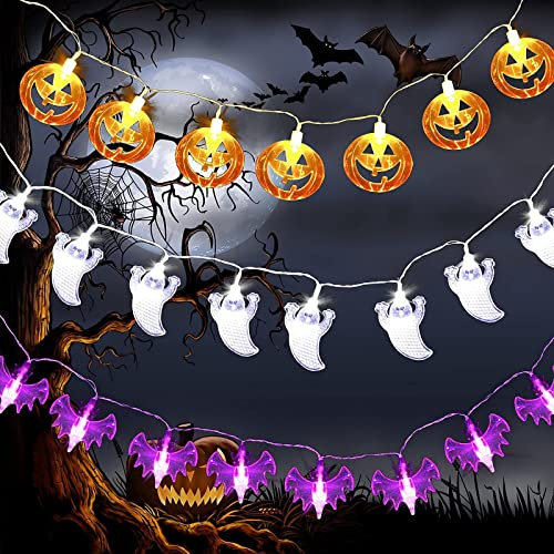 Halloween String Lights Halloween Decorations Lights Indoor Outdoor Battery Operated Halloween Fairy Lights Ghost Pumpkin Bats Led Lights for Halloween Party Home Decor 3 Pack 15 FT 30 LED (style1)