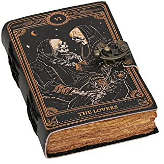 cuero Book of Spells Leder Journal Deckle Edge Paper Grimoire Printed Journal The Lovers Tarot Notebook Spiral Gothic Notebook Skull Liebhaber Antik Vintage Leder Journals für Männer und Frauen