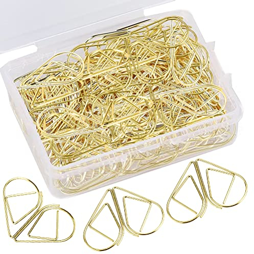 AOBETAK Büroklammern-Set aus Metall, niedlich, Wassertropfen, goldfarben, Edelstahl, zum Sortieren und Organisieren von Papieren, Dokumenten, 100 Lesezeichen-Clips/Box