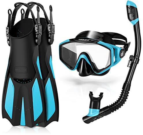 Odoland Set Snorkeling 3 in 1 con Maschera Snorkeling con Vista Panoramica 180°, Boccaglio Asciutto, Pinne Regolabili, Attrezzatura Subacquea per Adulti, Blu chiaro, L/XL