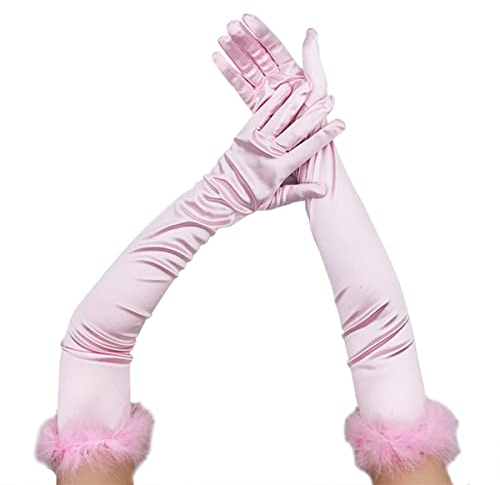 CAMDOM Long Satin Gloves 1920s Vintage Party Gloves Cosplay Fluffy Gloves for Women Rose One Size, rose