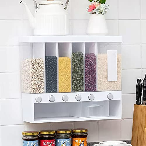 Yuehuamech 6-in-1 Kitchen Storage Containers Dry Food Dispenser with Lid Wall Mount Cereal Grain Rice Dispenser 10 L for Storing Grain Rice Candy Coffee Beans Flour