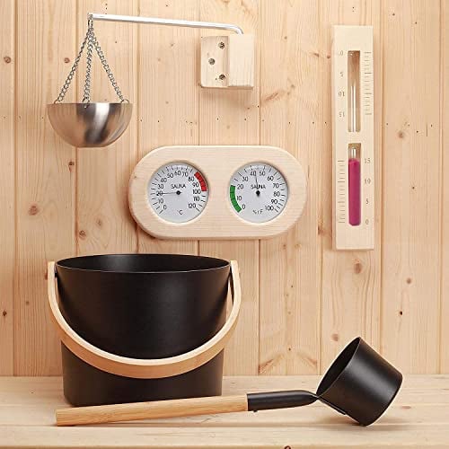 Saunakübel mit Schaufel, Saunakübel-Set mit Löffel, Sauna-Zubehör-Set mit Schaufel/Sanduhr/Thermometer/Hygrometer/Sauna-Aromatherapie-Ölbecher-Set – 5 für Sauna Dampfsauna-Eimer-Se