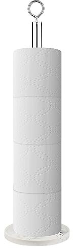 Bathroom Toilet Paper Holder Stand Free Standing - Toilet Paper Roll Holder with Sturdy Base - Stainless Steel Toilet Paper Storage Organizer, Easy Assembly White Marble Bathroom Accessories, 4 Rolls