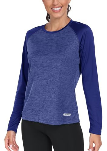 MoFiz Women's Long Sleeve Yoga Tops Sports Gym T-Shirt Ladies Workout Running Lightweight Quick Dry Shirts Fitness Jogger Walking Tee Mid-Blue S
